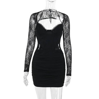 Long sleeve lace hollow out ruched self tie cut out mini dress
