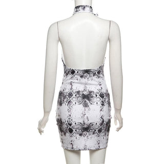 Halter snake print buckle backless mini dress
