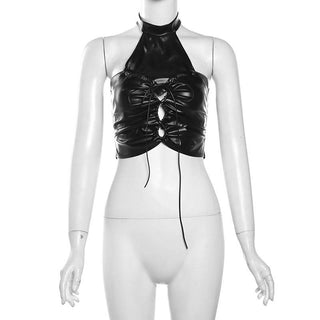 Halter backless PU leather zip-up crop top