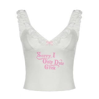 V neck ruffle letter print bowknot cami top