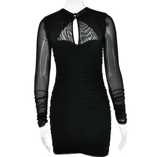 Hollow out ruched mesh long sleeve zip-up button cut out mini dress