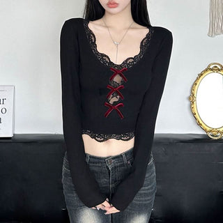 Long sleeve lace hem bowknot crop top