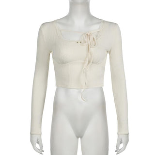 U neck long sleeve lace hem self tie crop top