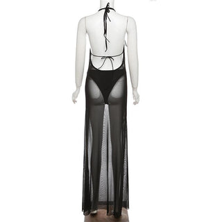 Ruched sheer mesh solid halter self tie backless 3 piece maxi dress