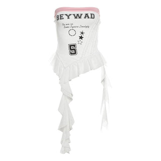Ribbed â€œBEYWADâ€ print patchwork ruffle tube top