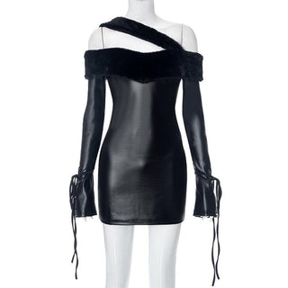 Long sleeve off shoulder PU leather furry solid mini dress