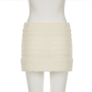 Hollow out drawstring fluffy self tie solid cut out mini skirt