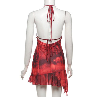 Halter ruched tie dye ruffle backless mini dress