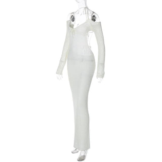 Long sleeve off shoulder halter knitted backless maxi dress-final-sale