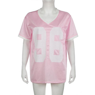 Short sleeve stitch textured â€œ96â€ v neck top