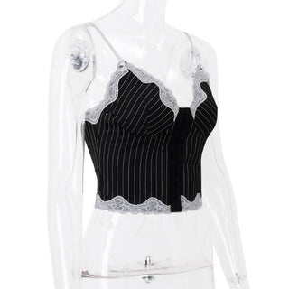 Striped lace hem stitch lace up cami top