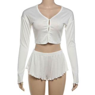 Long sleeve textured ruffle button short pant set