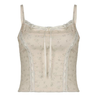 Lace hem bowknot ribbon print stitch cami top