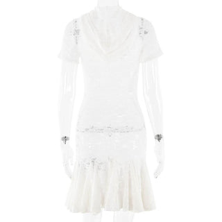 Short sleeve hoodie lace see through mini dress