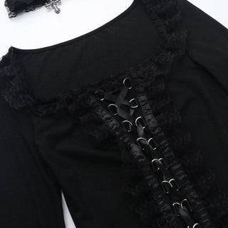 Long sleeve ruffle lace hem necklace top