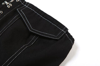 Stitch pocket button contrast backless denim tube top