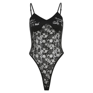 Lace v neck letter print button cami bodysuit