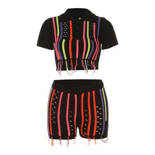 Tassels short sleeve contrast turnover collar button pant set