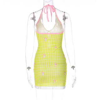 Sheer mesh plaid contrast print halter ruffle backless mini dress