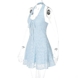 Halter textured knotted ruched button mini dress