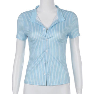 Turnover collar short sleeve striped print button top