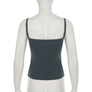 Square neck lace hem button ruched backless top