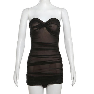 Ruched mesh patchwork solid tube mini dress