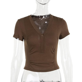 Short sleeve v neck button solid top