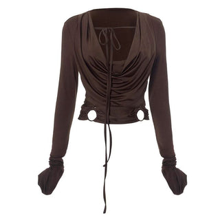 Long sleeve cowl neck o ring self tie ruched hollow out cut out top