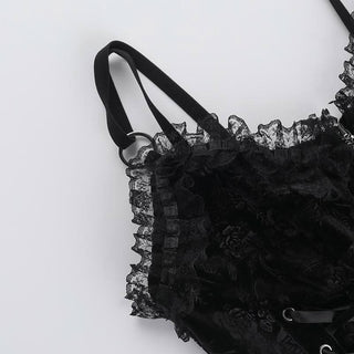 V neck lace hem zip-up ruffle lace up cami top