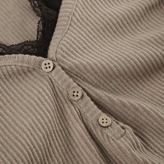 Long sleeve lace hem patchwork button top