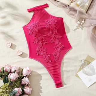 Halter embroidery sheer mesh see through bodysuit
