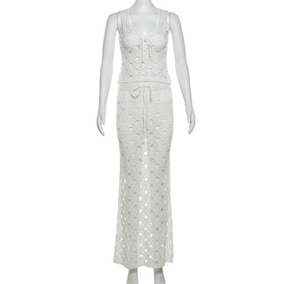 Knitted hollow out bowknot tank maxi skirt set