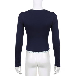 Polka dot patchwork long sleeve lace hem button top