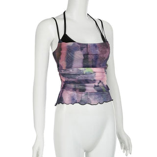 Halter tie dye mesh ruched 2 piece top