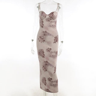 Flower print contrast sweetheart neck backless cami midi dress