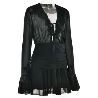 V neck long sleeve chiffon ruched ruffle mini dress