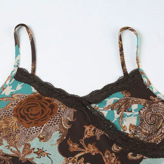 V neck lace hem flower print cami top