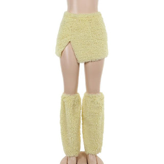 Fluffy slit leg warmer solid mini skirt