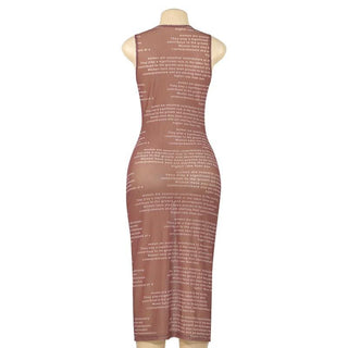 Crewneck sleeveless letter print mesh maxi dress
