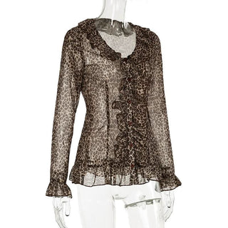 Leopard print long sleeve chiffon ruffle button top