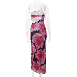 One shoulder irregular flower print cami midi dress