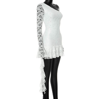 One shoulder long sleeve lace ruffle mini dress
