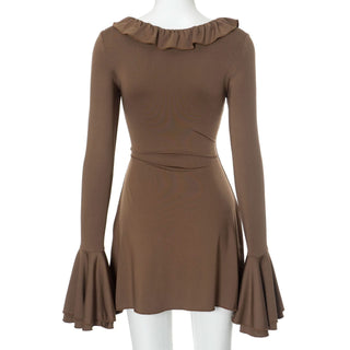 Long flared sleeve ruffle round neck ruched mini dress