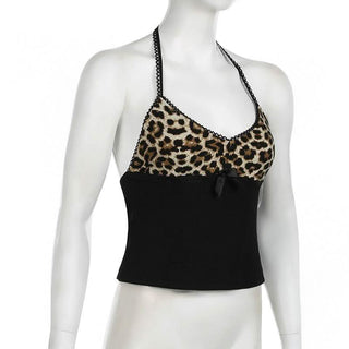 Halter v neck leopard print bowknot top