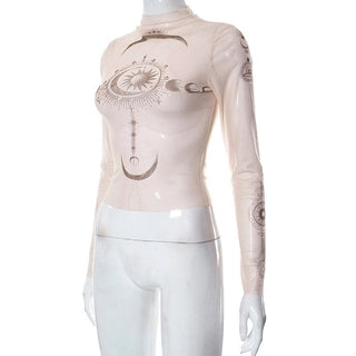 Sheer mesh abstract contrast see through long sleeve top