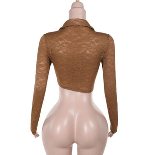 Turnover collar long sleeve lace up lace crop top