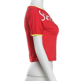 Short sleeve one shoulder â€œsuper starâ€ print top