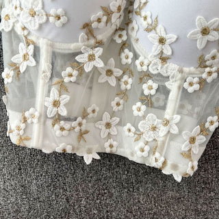 Embroidery padded bustier flower applique cami top