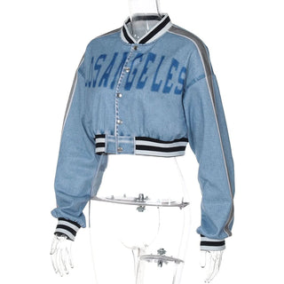 Long sleeve denim letter print patchwork button top